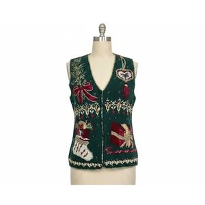Tiara International Christmas Sweater Vest Green Beaded Embroidered Medium